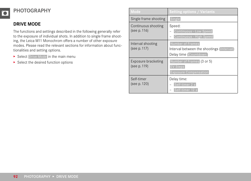 Photography, Drive mode | LEICA M11 Monochrom Rangefinder Camera User Manual | Page 92 / 185