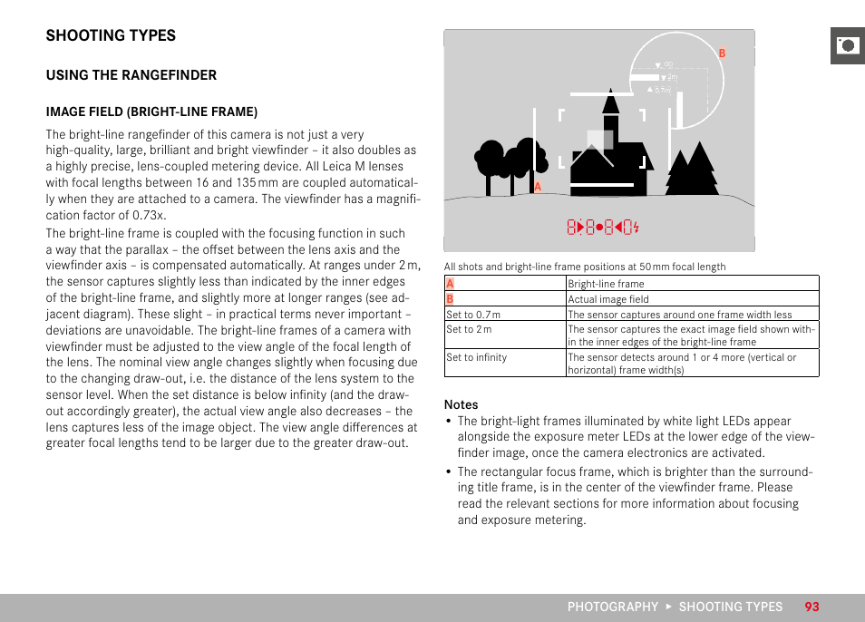 Shooting types, Using the rangefinder, Image field (bright-line frame) | LEICA M11 Monochrom Rangefinder Camera User Manual | Page 93 / 185
