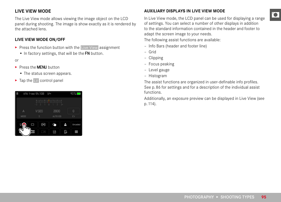 Live view mode, Auxiliary displays in live view mode | LEICA M11 Monochrom Rangefinder Camera User Manual | Page 95 / 185