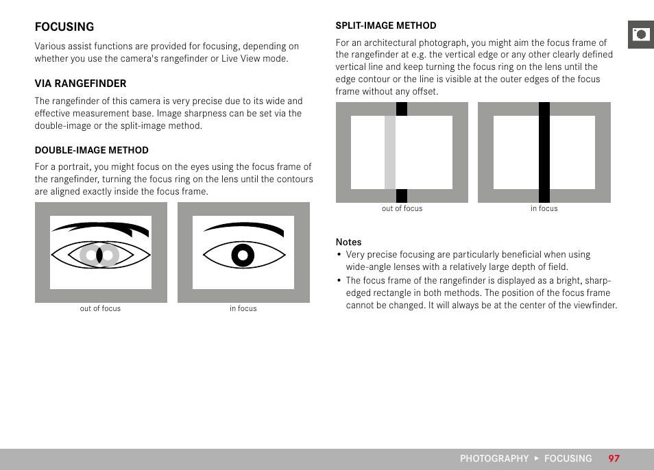 Focusing, Via rangefinder, Superimposed image method (double image) | Split image method, Method split-image method | LEICA M11 Monochrom Rangefinder Camera User Manual | Page 97 / 185