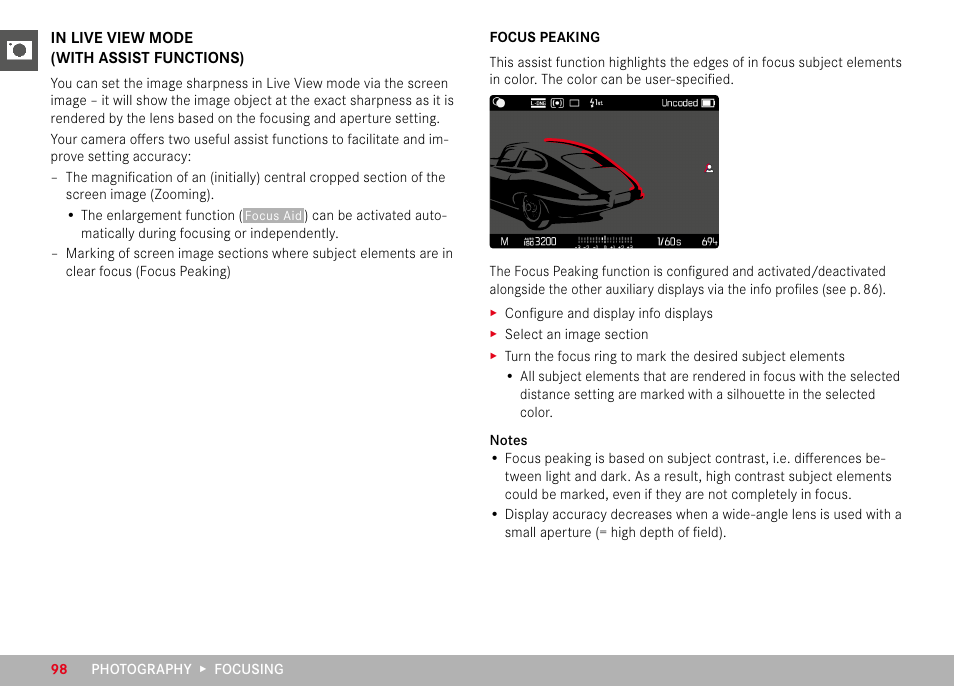 In live view mode, Focus peaking | LEICA M11 Monochrom Rangefinder Camera User Manual | Page 98 / 185