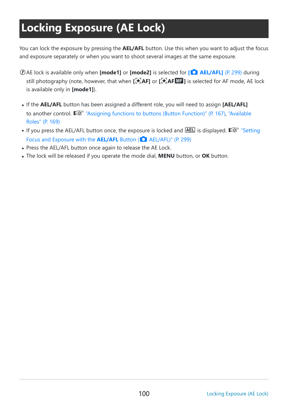 Locking exposure (ae lock), P. 100, Ae lock | Ael/afl | OM SYSTEM OM-5 Mirrorless Camera with 12-45mm f/4 PRO Lens (Silver) User Manual | Page 100 / 467