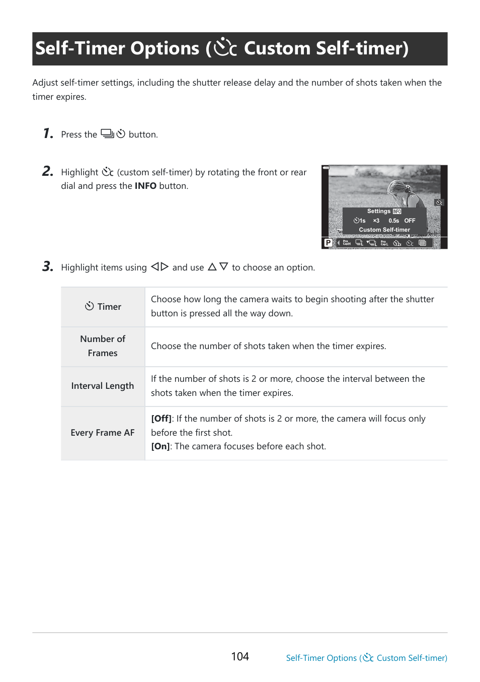 Self-timer options, Custom self-timer), P. 104 | OM SYSTEM OM-5 Mirrorless Camera with 12-45mm f/4 PRO Lens (Silver) User Manual | Page 104 / 467