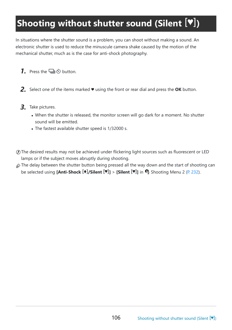 Shooting without shutter sound (silent, Shooting without shutter sound, Silent | P. 106), Shooting without, Shutter sound (silent | OM SYSTEM OM-5 Mirrorless Camera with 12-45mm f/4 PRO Lens (Silver) User Manual | Page 106 / 467