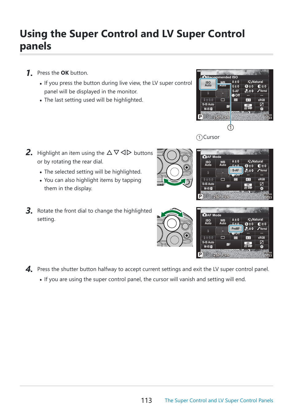 Fghi, 1cursor, Highlight an item using the | The super control and lv super control panels | OM SYSTEM OM-5 Mirrorless Camera with 12-45mm f/4 PRO Lens (Silver) User Manual | Page 113 / 467