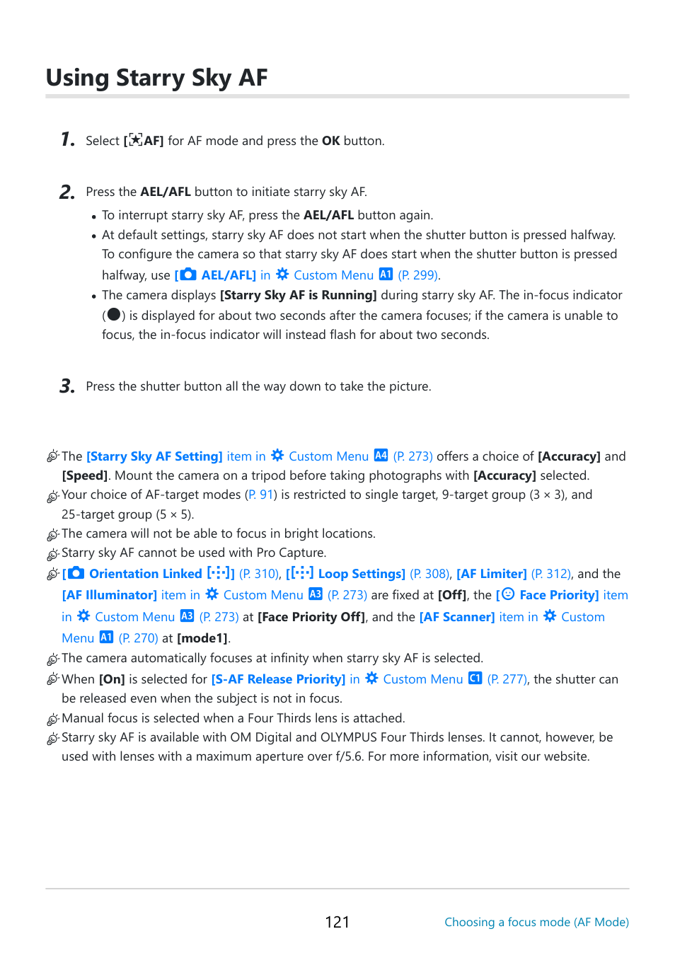 Using starry sky af, Using starry sky af” (p. 121) | OM SYSTEM OM-5 Mirrorless Camera with 12-45mm f/4 PRO Lens (Silver) User Manual | Page 121 / 467
