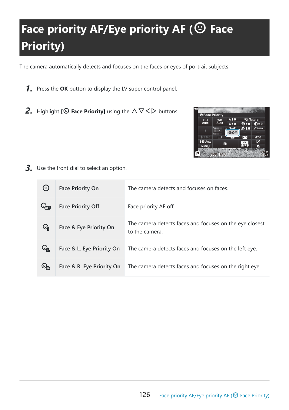 Face priority af/eye priority af, Face priority), E priority | P. 126, Subject selection is not av, Fghi | OM SYSTEM OM-5 Mirrorless Camera with 12-45mm f/4 PRO Lens (Silver) User Manual | Page 126 / 467