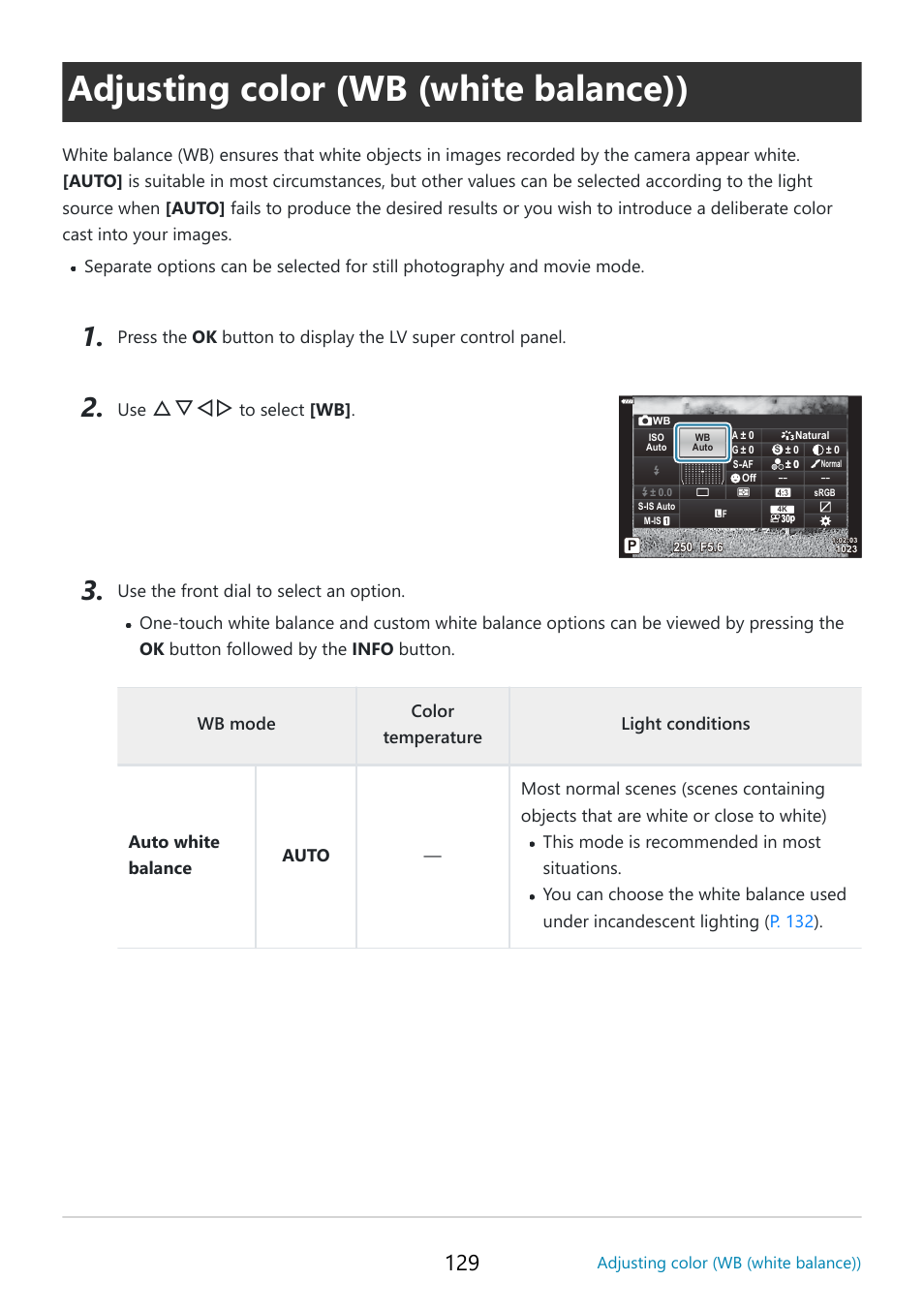 Adjusting color (wb (white balance)), Alance, P. 129 | Fghi | OM SYSTEM OM-5 Mirrorless Camera with 12-45mm f/4 PRO Lens (Silver) User Manual | Page 129 / 467