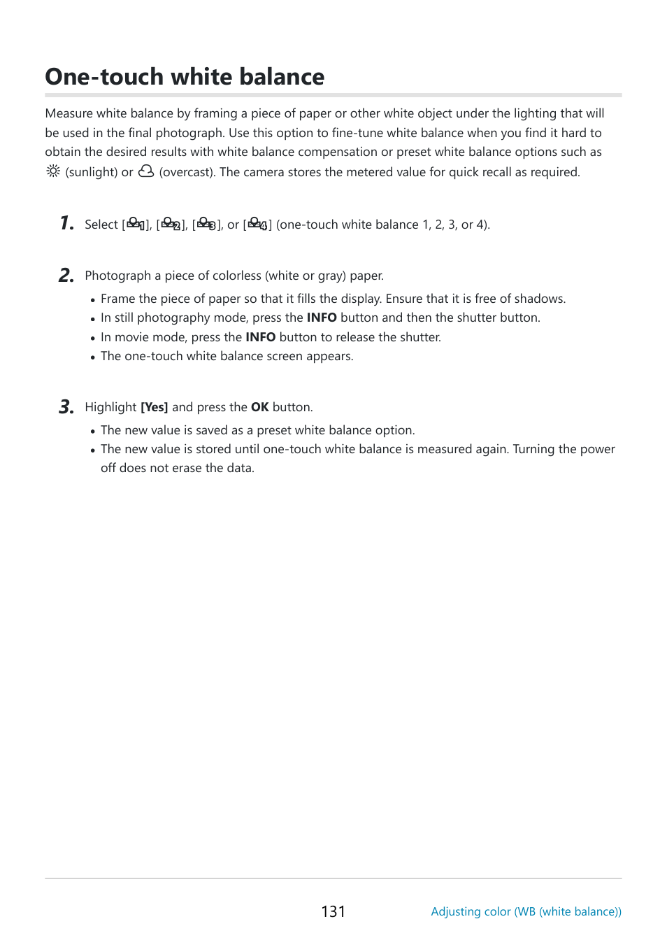 One-touch white balance | OM SYSTEM OM-5 Mirrorless Camera with 12-45mm f/4 PRO Lens (Silver) User Manual | Page 131 / 467