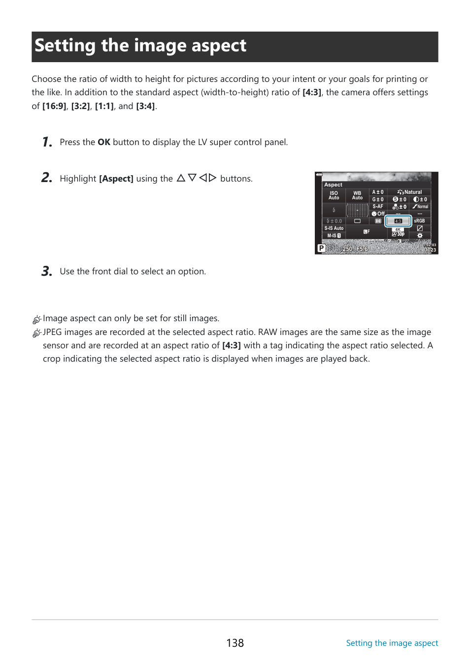 Setting the image aspect, P. 138, Aspect] (p. 138) | Fghi, Highlight [aspect] using the, Buttons | OM SYSTEM OM-5 Mirrorless Camera with 12-45mm f/4 PRO Lens (Silver) User Manual | Page 138 / 467