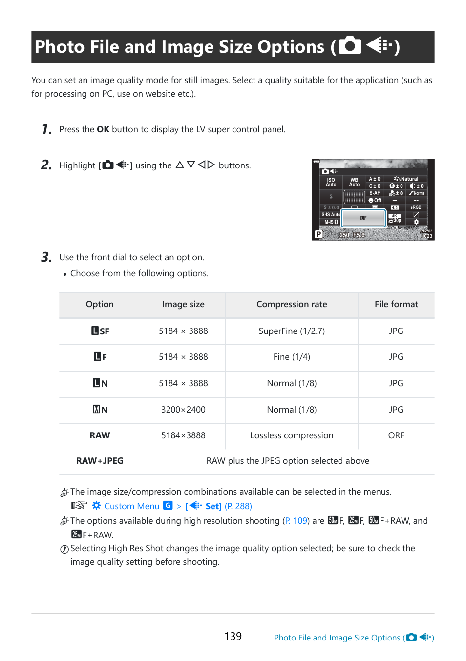 Photo file and image size options, P. 139, Image quality | Fghi | OM SYSTEM OM-5 Mirrorless Camera with 12-45mm f/4 PRO Lens (Silver) User Manual | Page 139 / 467