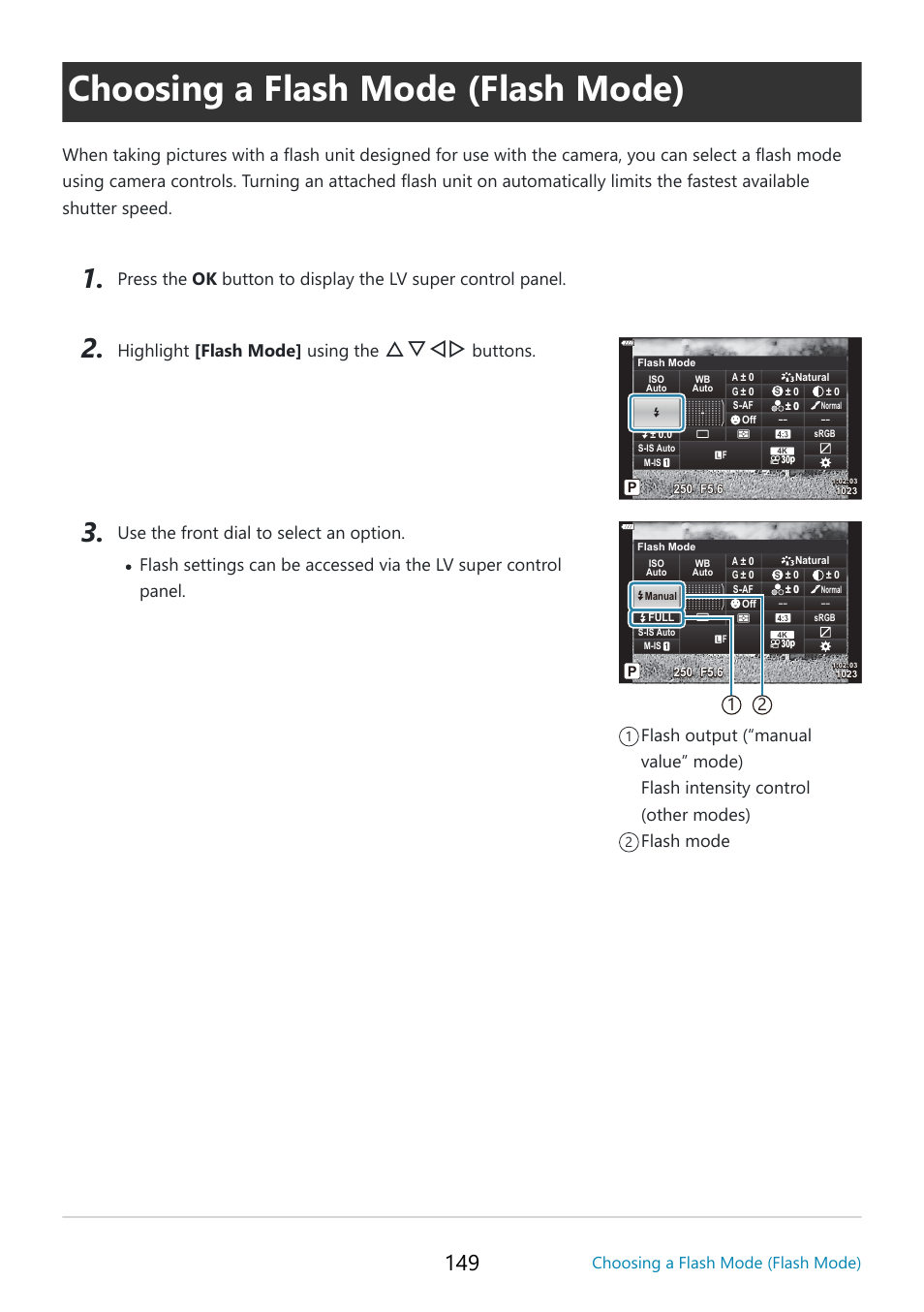 Choosing a flash mode (flash mode), P. 149, Manual flash output | Fghi, Highlight [flash mode] using the, Buttons | OM SYSTEM OM-5 Mirrorless Camera with 12-45mm f/4 PRO Lens (Silver) User Manual | Page 149 / 467