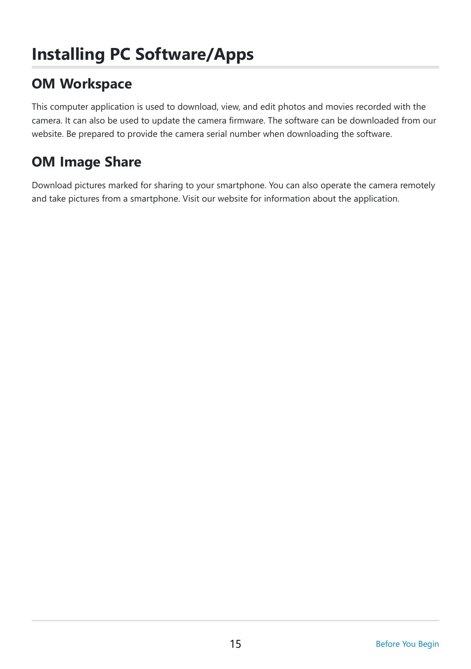 Installing pc software/apps, Om workspace, Om image share | OM SYSTEM OM-5 Mirrorless Camera with 12-45mm f/4 PRO Lens (Silver) User Manual | Page 15 / 467