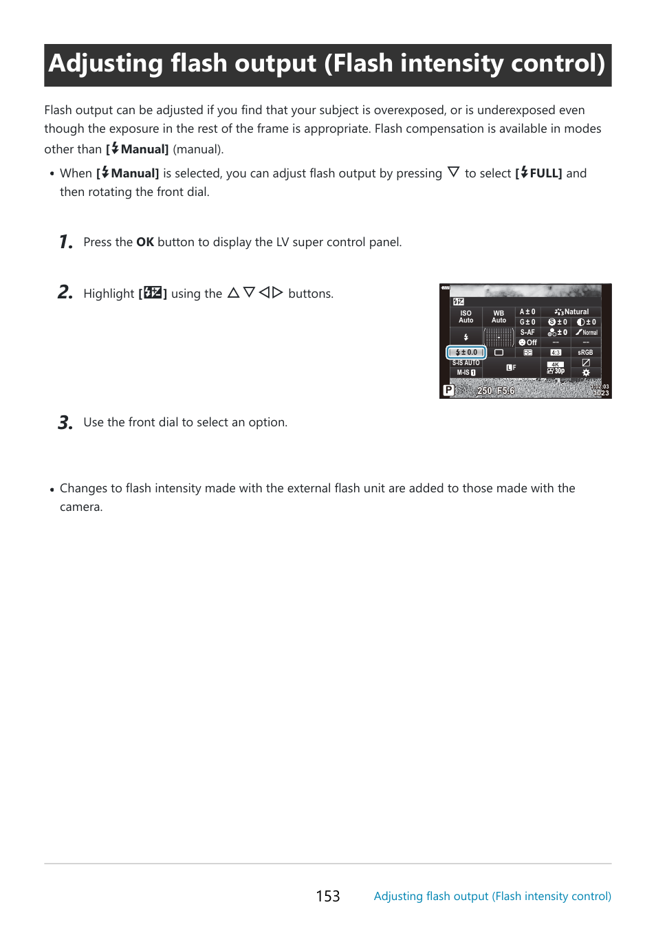 Adjusting flash output (flash intensity control), P. 153, Fghi | OM SYSTEM OM-5 Mirrorless Camera with 12-45mm f/4 PRO Lens (Silver) User Manual | Page 153 / 467