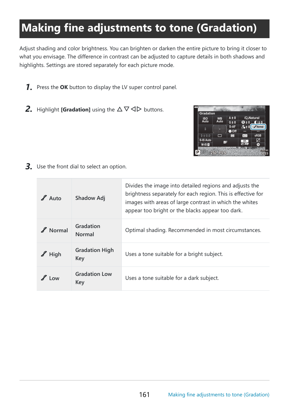 Making fine adjustments to tone (gradation), Gradation, P. 161 | Gradation (p. 161), Fghi | OM SYSTEM OM-5 Mirrorless Camera with 12-45mm f/4 PRO Lens (Silver) User Manual | Page 161 / 467