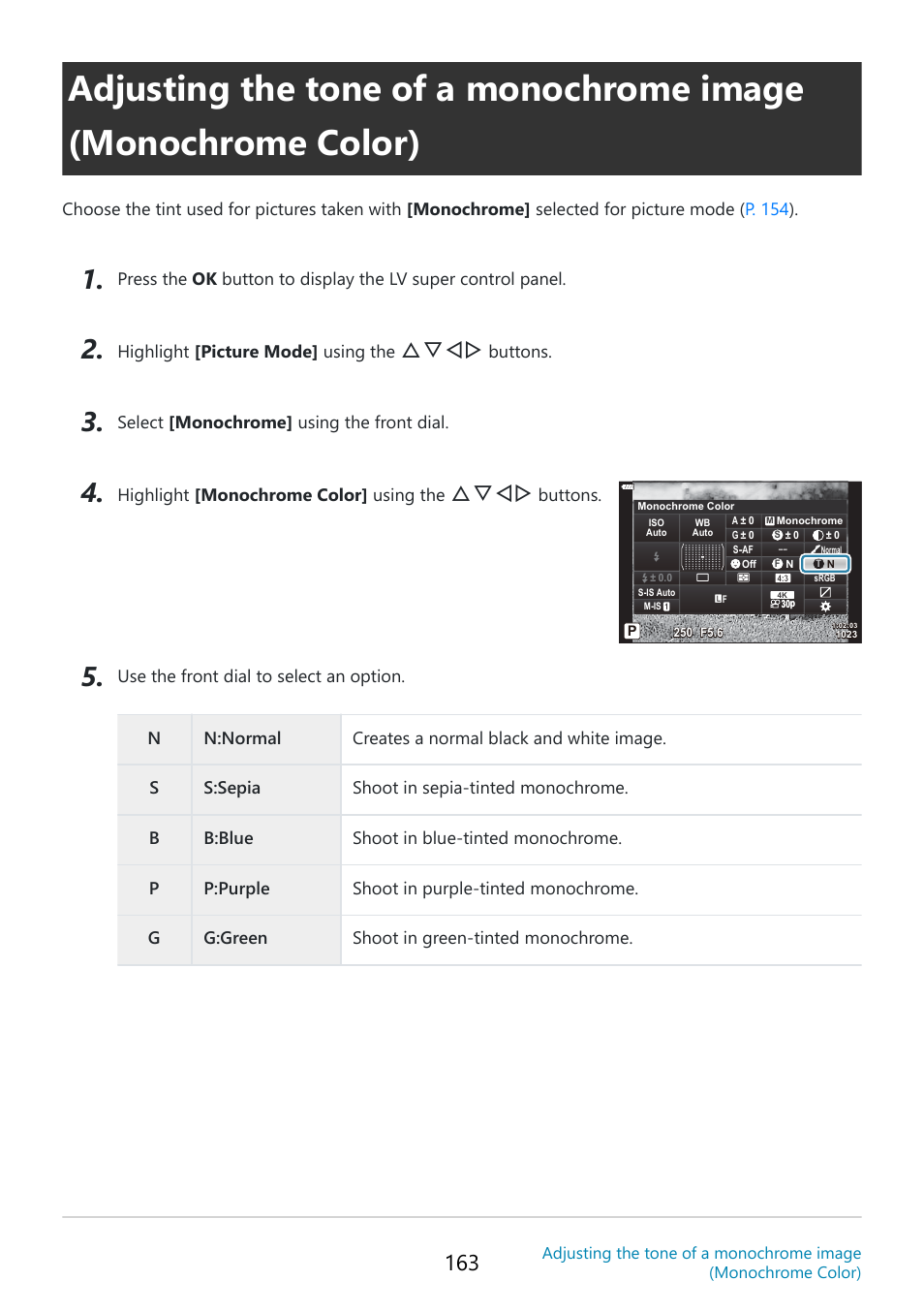 Ome color, P. 163, Monochrome color (p. 163) | Fghi | OM SYSTEM OM-5 Mirrorless Camera with 12-45mm f/4 PRO Lens (Silver) User Manual | Page 163 / 467