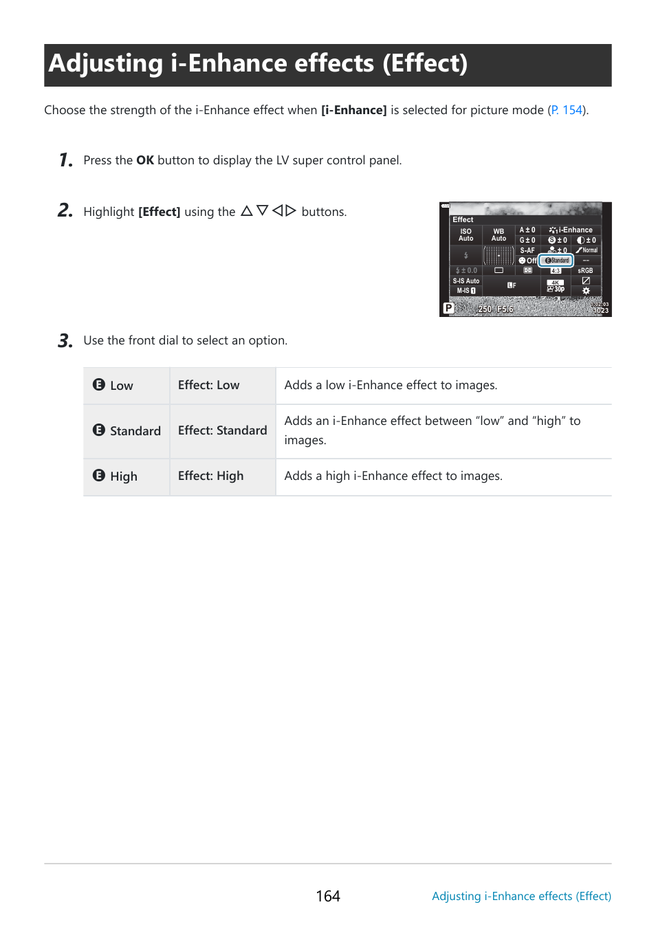 Adjusting i-enhance effects (effect), Effect, P. 164 | Effect (p. 164), Fghi | OM SYSTEM OM-5 Mirrorless Camera with 12-45mm f/4 PRO Lens (Silver) User Manual | Page 164 / 467