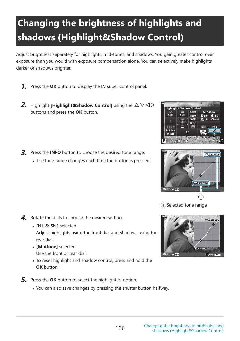 P. 166, Fghi, Highlight [highlight&shadow control] using the | Buttons and press the ok button, 1selected tone range | OM SYSTEM OM-5 Mirrorless Camera with 12-45mm f/4 PRO Lens (Silver) User Manual | Page 166 / 467