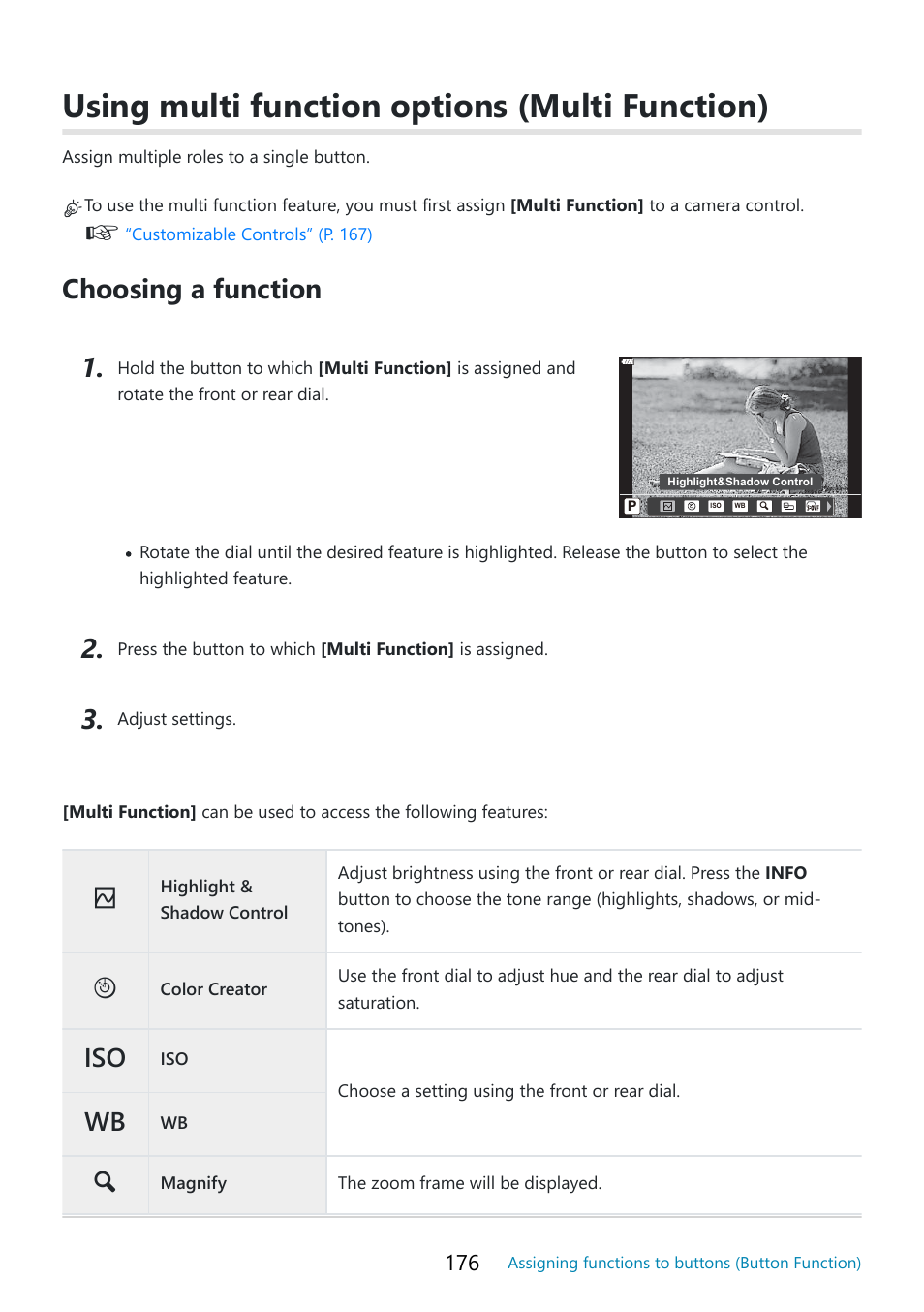 Using multi function options (multi function), P. 176, Choosing a function | OM SYSTEM OM-5 Mirrorless Camera with 12-45mm f/4 PRO Lens (Silver) User Manual | Page 176 / 467