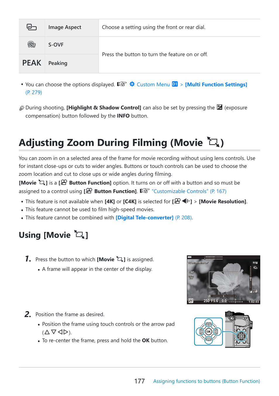 Adjusting zoom during filming (movie, Using [movie, Peak | Fghi | OM SYSTEM OM-5 Mirrorless Camera with 12-45mm f/4 PRO Lens (Silver) User Manual | Page 177 / 467