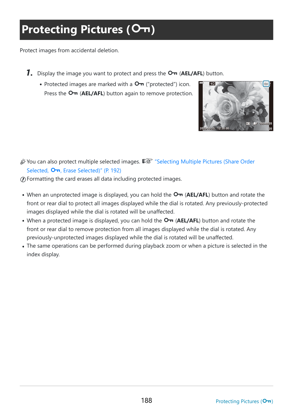 Protecting pictures, P. 188 | OM SYSTEM OM-5 Mirrorless Camera with 12-45mm f/4 PRO Lens (Silver) User Manual | Page 188 / 467