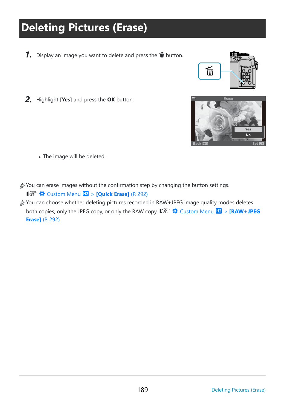 Deleting pictures (erase), P. 189 | OM SYSTEM OM-5 Mirrorless Camera with 12-45mm f/4 PRO Lens (Silver) User Manual | Page 189 / 467