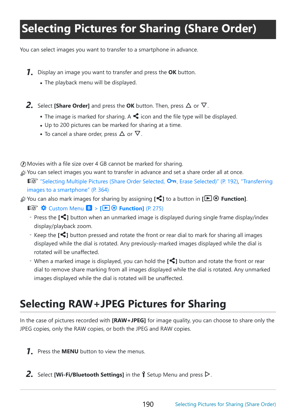 Selecting pictures for sharing (share order), Selecting raw+jpeg pictures for sharing, P. 190 | OM SYSTEM OM-5 Mirrorless Camera with 12-45mm f/4 PRO Lens (Silver) User Manual | Page 190 / 467