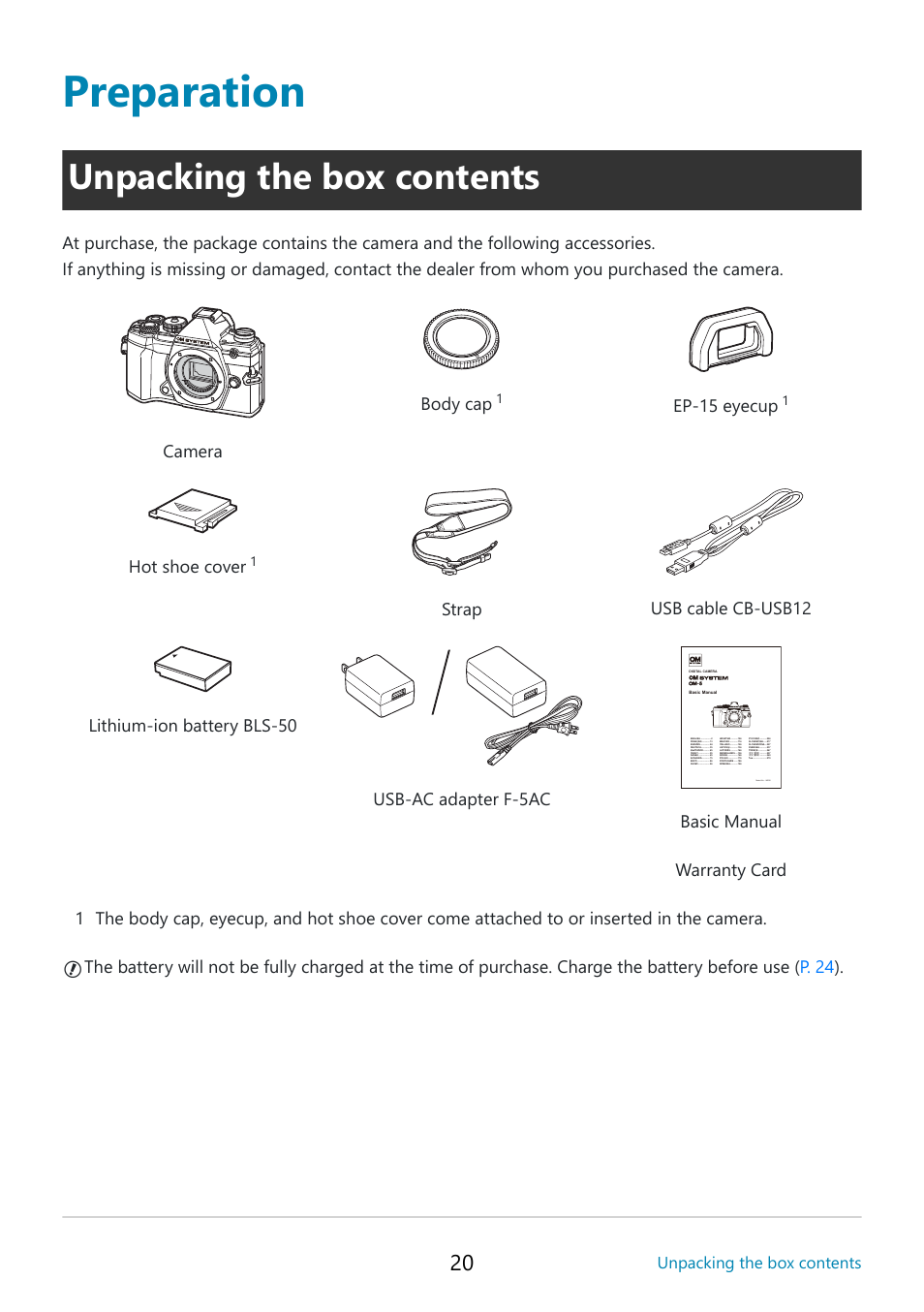 Preparation, Unpacking the box contents, Camera body cap | Ep‑15 eyecup, Hot shoe cover, Basic manual warranty card | OM SYSTEM OM-5 Mirrorless Camera with 12-45mm f/4 PRO Lens (Silver) User Manual | Page 20 / 467