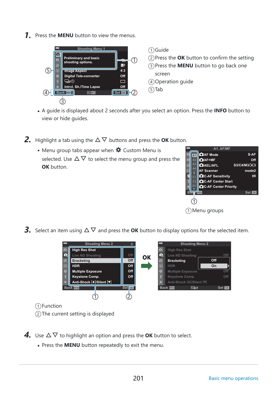 Menu group tabs appear when, Custom menu is selected. use, 1menu groups | 21 function the current setting is displayed use, Basic menu operations | OM SYSTEM OM-5 Mirrorless Camera with 12-45mm f/4 PRO Lens (Silver) User Manual | Page 201 / 467