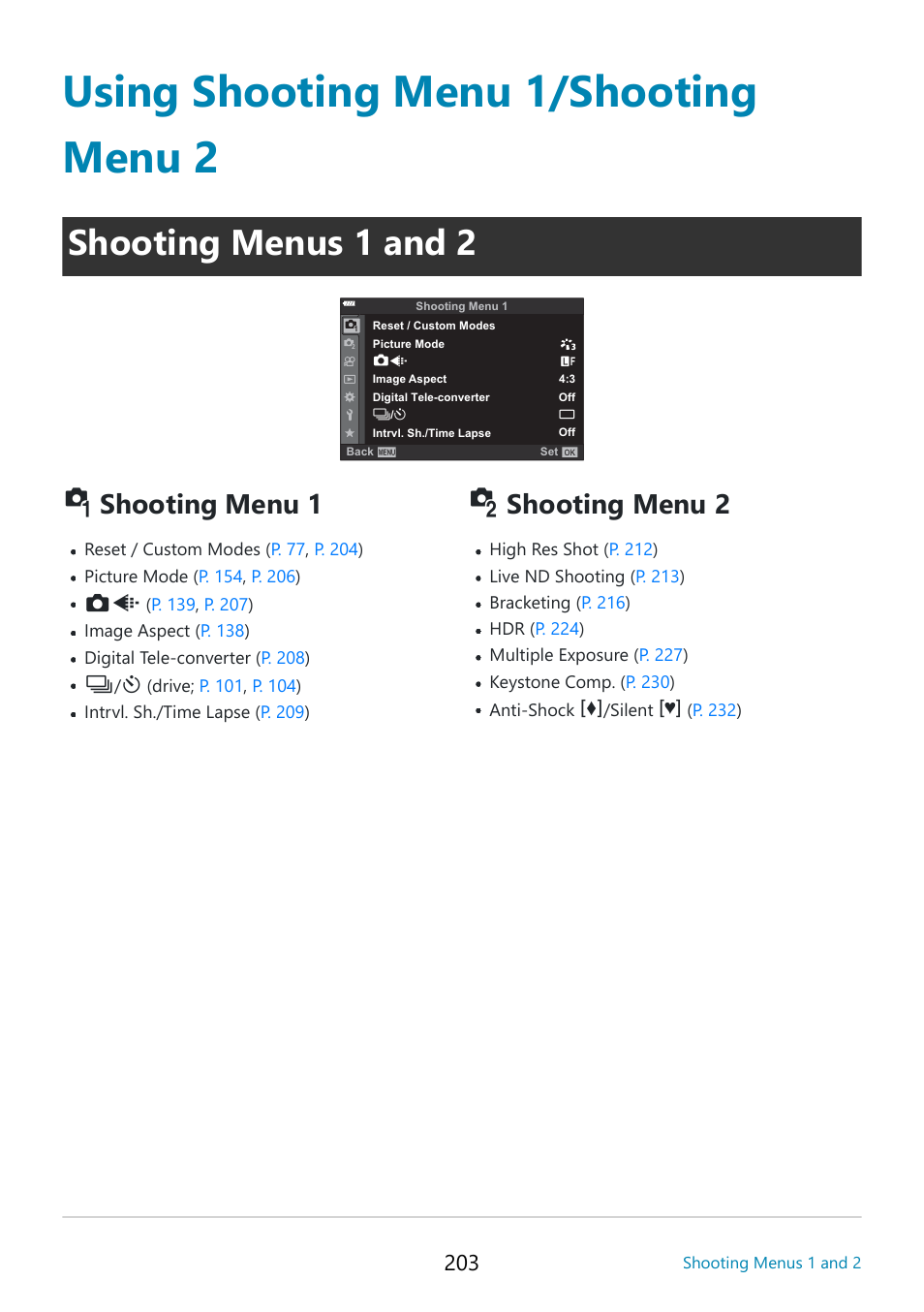 Using shooting menu 1/shooting menu 2, Shooting menus 1 and 2, Shooting menu 1 | Shooting menu 2 | OM SYSTEM OM-5 Mirrorless Camera with 12-45mm f/4 PRO Lens (Silver) User Manual | Page 203 / 467