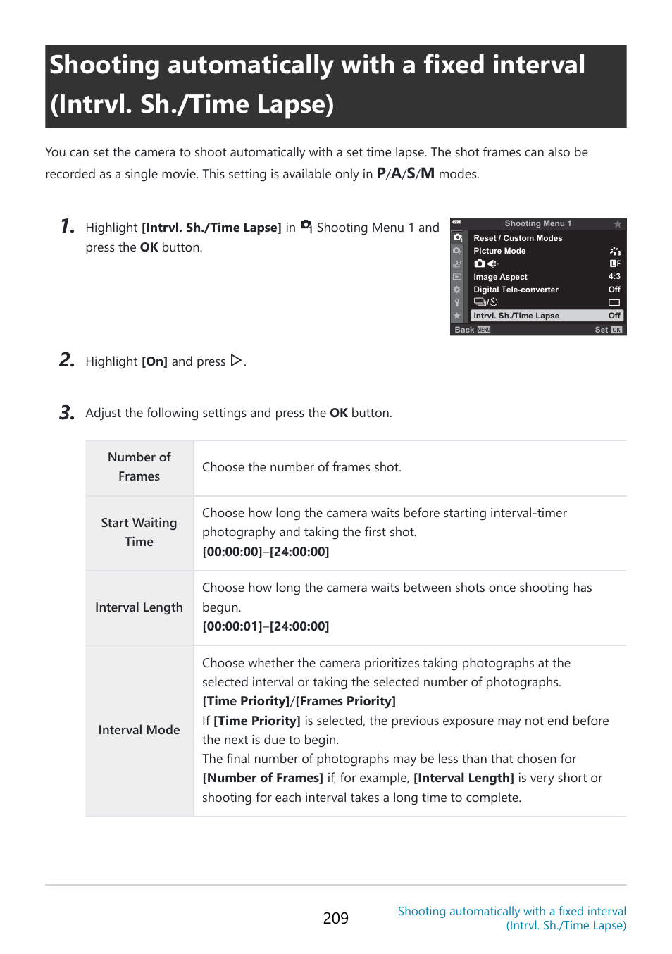 Time lapse shooting, P. 209 | OM SYSTEM OM-5 Mirrorless Camera with 12-45mm f/4 PRO Lens (Silver) User Manual | Page 209 / 467