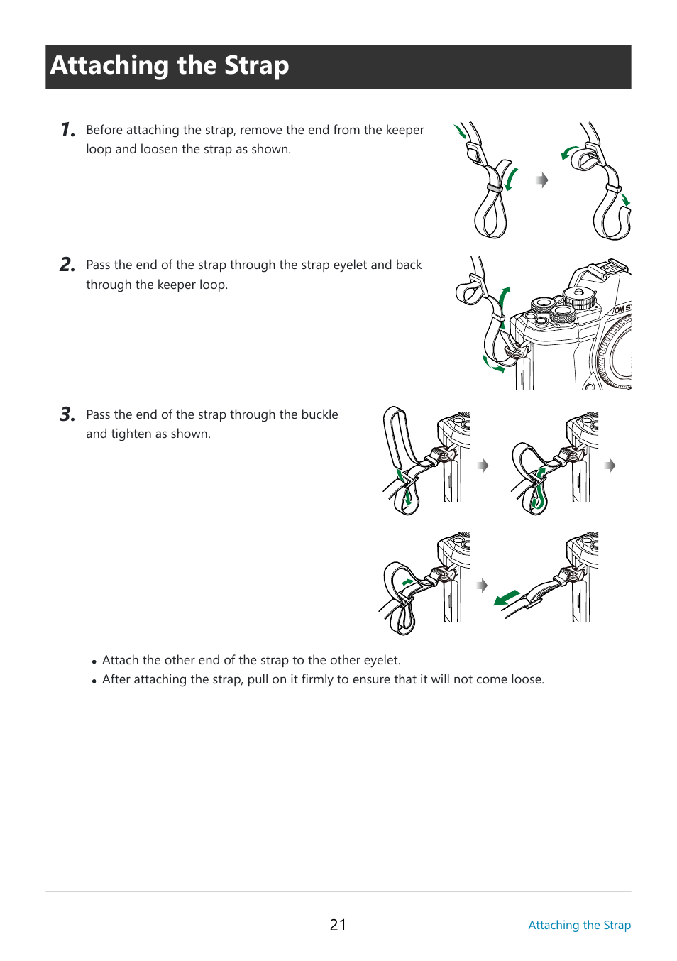 Attaching the strap, Elet, P. 21 | OM SYSTEM OM-5 Mirrorless Camera with 12-45mm f/4 PRO Lens (Silver) User Manual | Page 21 / 467