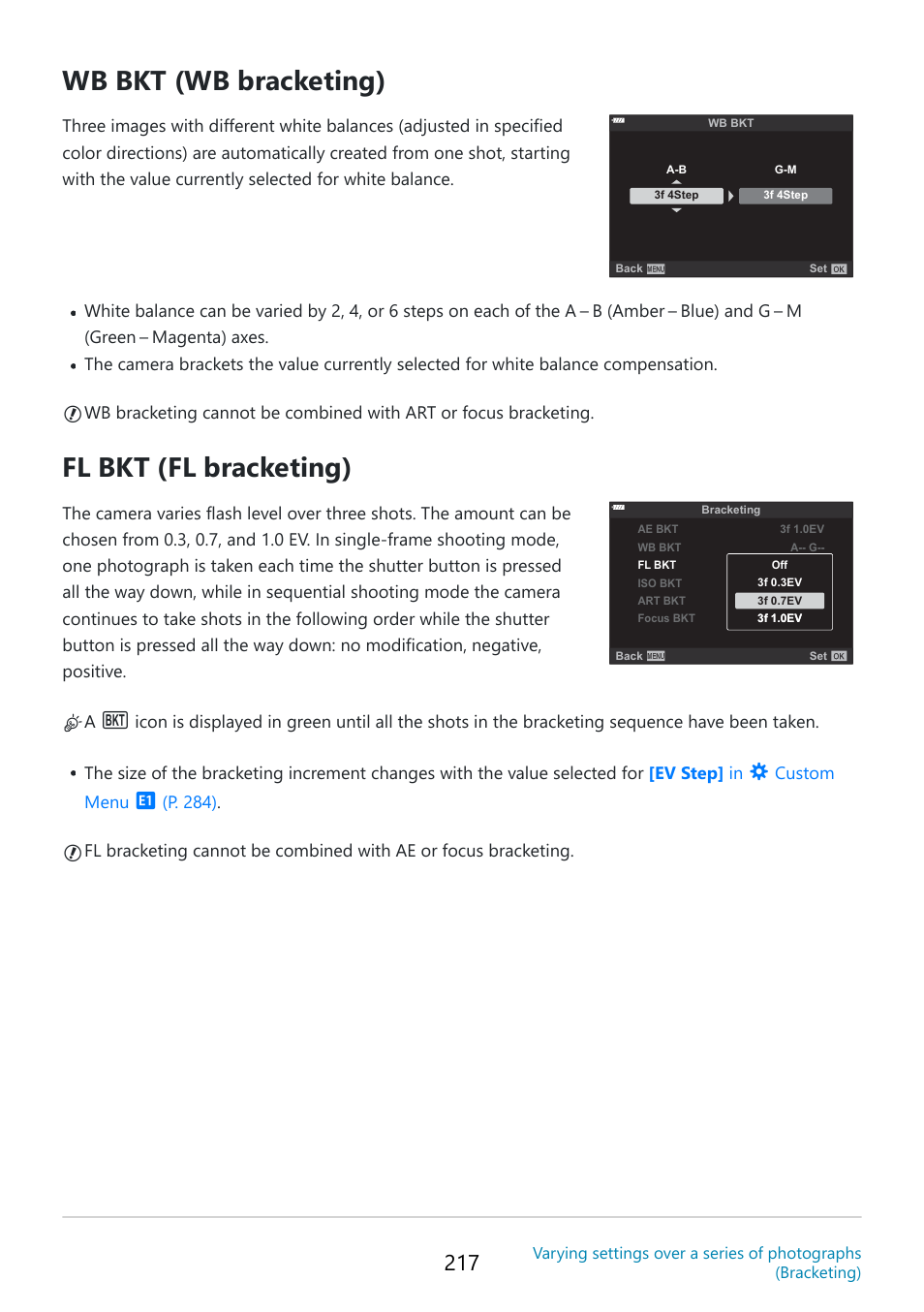 Wb bkt (wb bracketing), Fl bkt (fl bracketing), Cb c | OM SYSTEM OM-5 Mirrorless Camera with 12-45mm f/4 PRO Lens (Silver) User Manual | Page 217 / 467