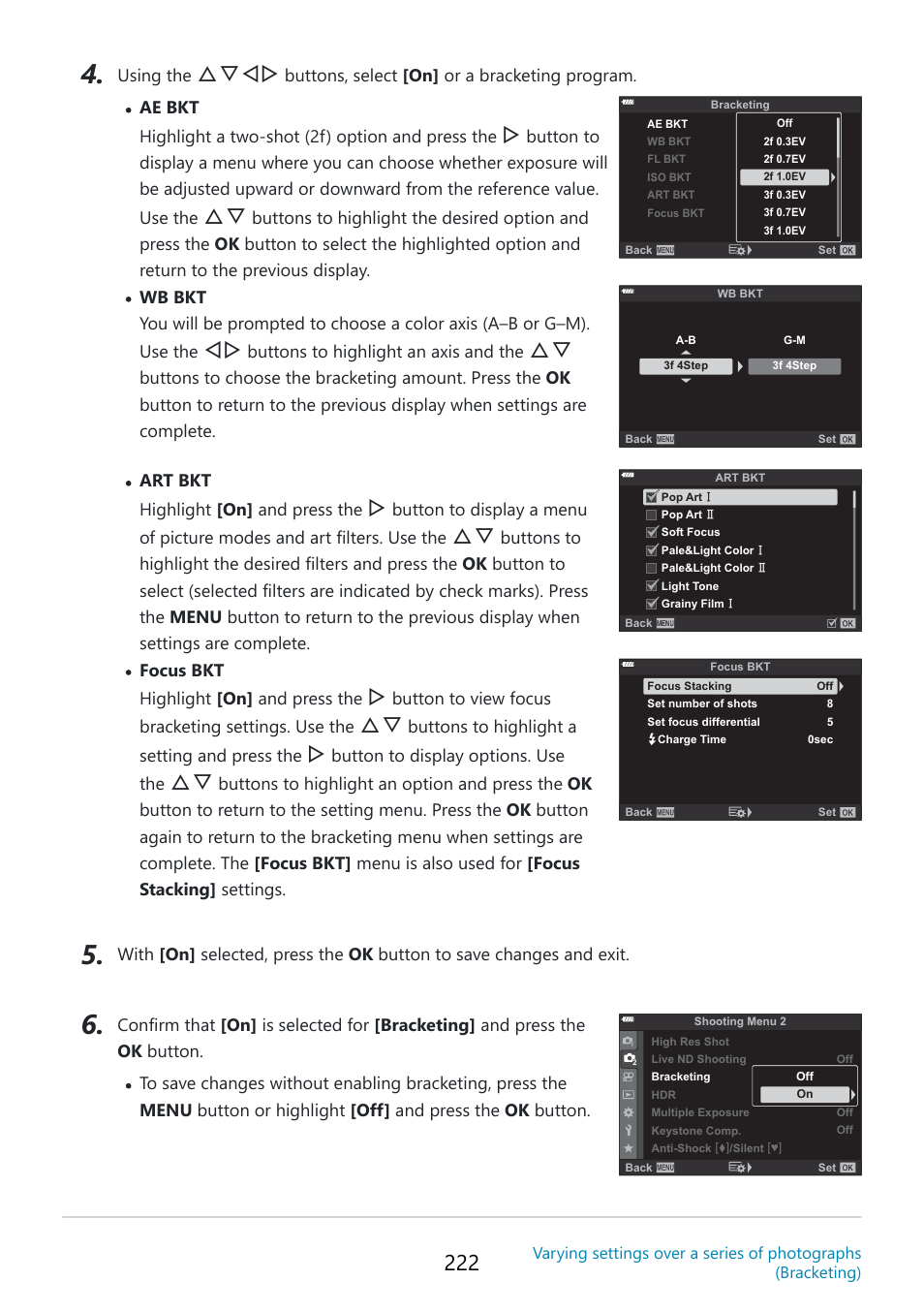 Fghi, Buttons to highlight an axis and the, Art bkt highlight [on] and press the | Focus bkt highlight [on] and press the, Button to view focus bracketing settings. use the, Buttons to highlight a setting and press the, Button to display options. use the, Using the | OM SYSTEM OM-5 Mirrorless Camera with 12-45mm f/4 PRO Lens (Silver) User Manual | Page 222 / 467
