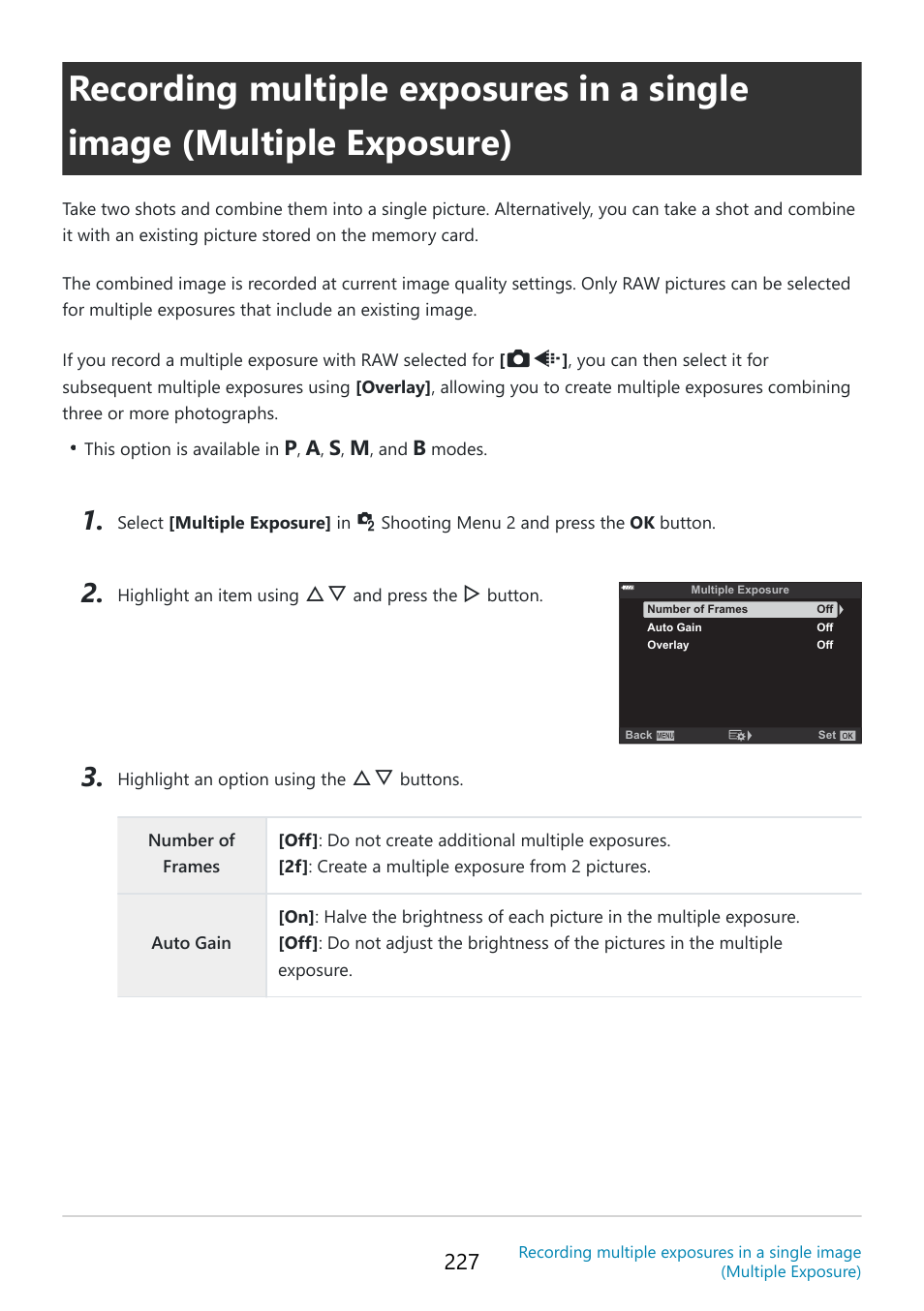 P. 227, Multiple exposure] (p. 227) | OM SYSTEM OM-5 Mirrorless Camera with 12-45mm f/4 PRO Lens (Silver) User Manual | Page 227 / 467