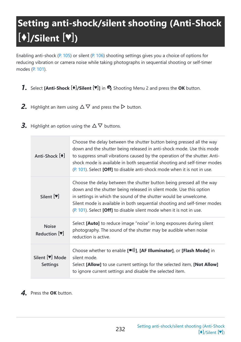 Setting anti-shock/silent shooting (anti-shock, Silent, Shooting menu 2 | P. 232 | OM SYSTEM OM-5 Mirrorless Camera with 12-45mm f/4 PRO Lens (Silver) User Manual | Page 232 / 467