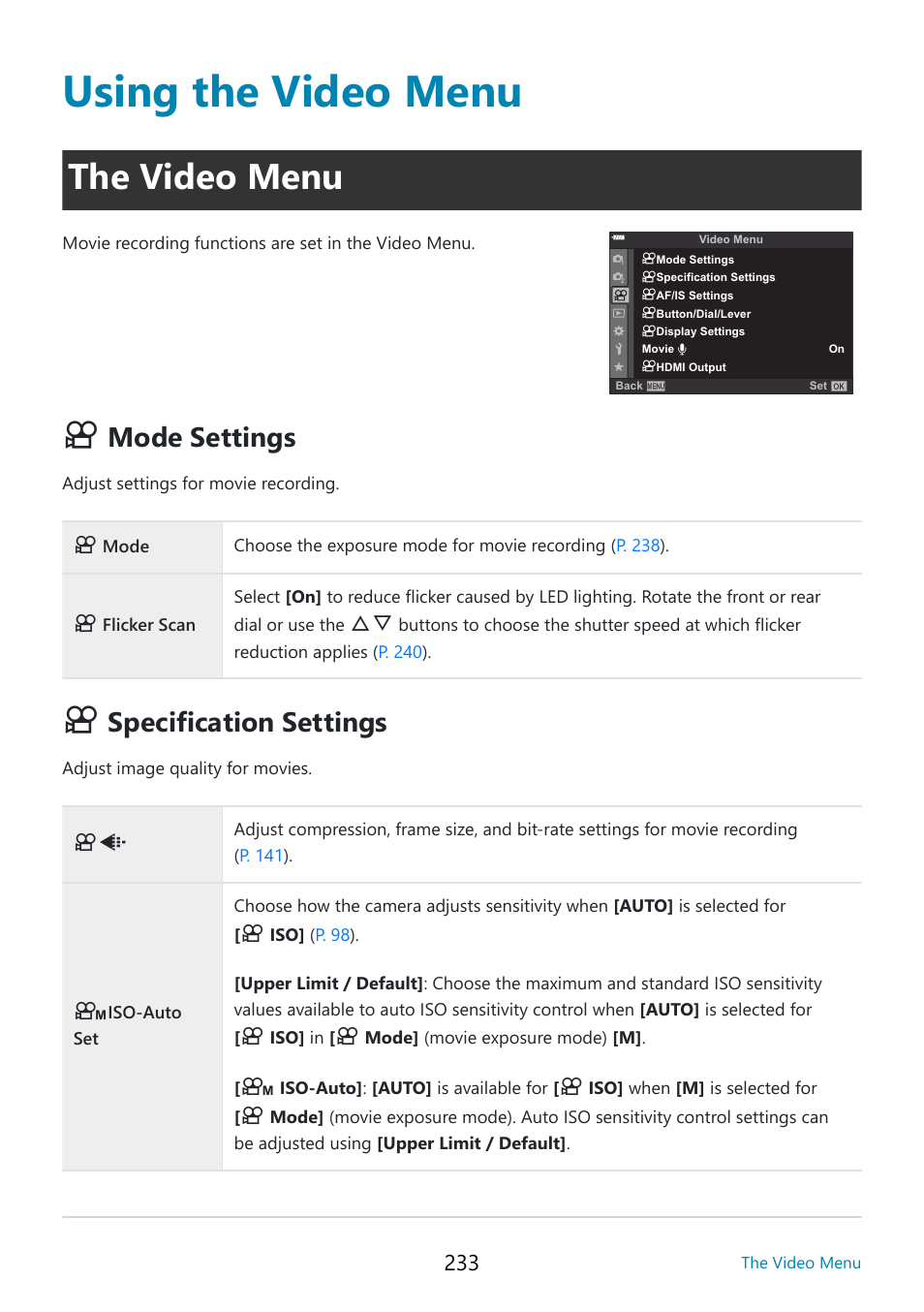 Using the video menu, The video menu, P. 233 | Or (type d), Video menu, Display settings, P. 233), Video menu > [red frame during, Rec] (p. 233), Hdmi output | OM SYSTEM OM-5 Mirrorless Camera with 12-45mm f/4 PRO Lens (Silver) User Manual | Page 233 / 467