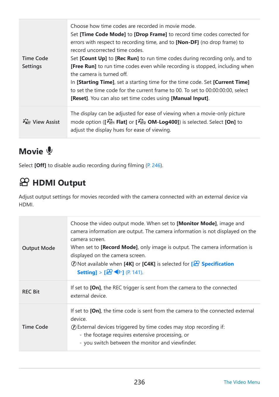 Movie, Hdmi output | OM SYSTEM OM-5 Mirrorless Camera with 12-45mm f/4 PRO Lens (Silver) User Manual | Page 236 / 467