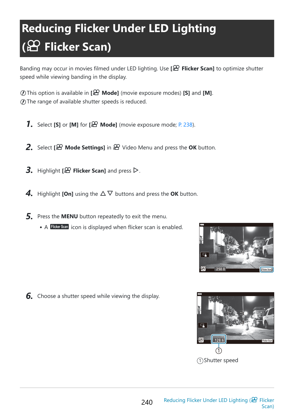 Reducing flicker under led lighting, Flicker scan), Er scan | P. 240 | OM SYSTEM OM-5 Mirrorless Camera with 12-45mm f/4 PRO Lens (Silver) User Manual | Page 240 / 467