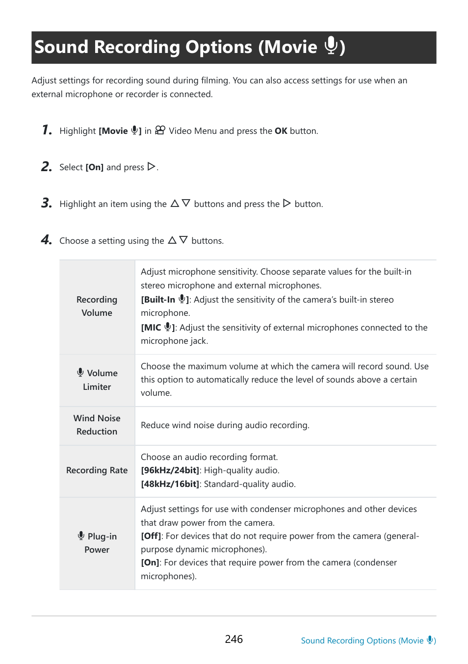 Sound recording options (movie, P. 246, Plug) | Ed using, Movie, In the, Video menu (p. 246), Ding during filming | OM SYSTEM OM-5 Mirrorless Camera with 12-45mm f/4 PRO Lens (Silver) User Manual | Page 246 / 467