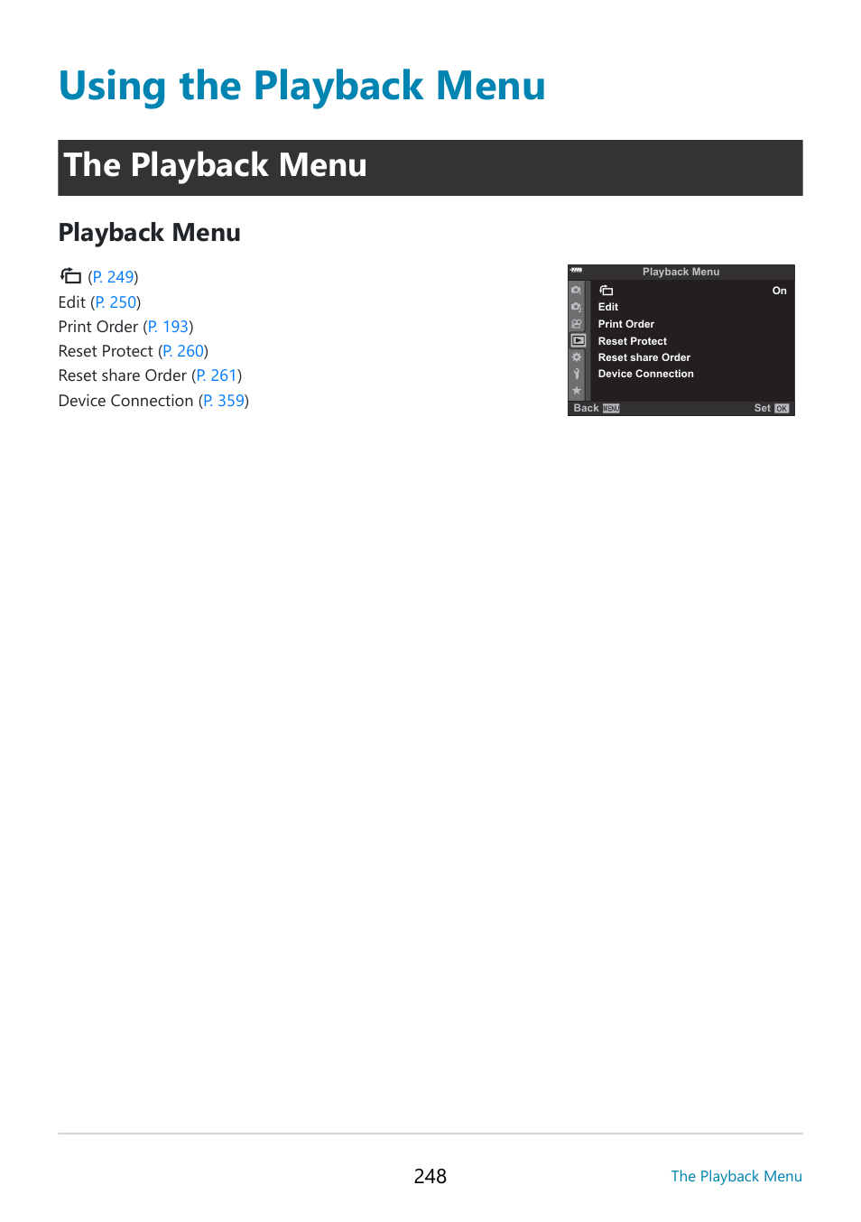 Using the playback menu, The playback menu, Playback menu | OM SYSTEM OM-5 Mirrorless Camera with 12-45mm f/4 PRO Lens (Silver) User Manual | Page 248 / 467