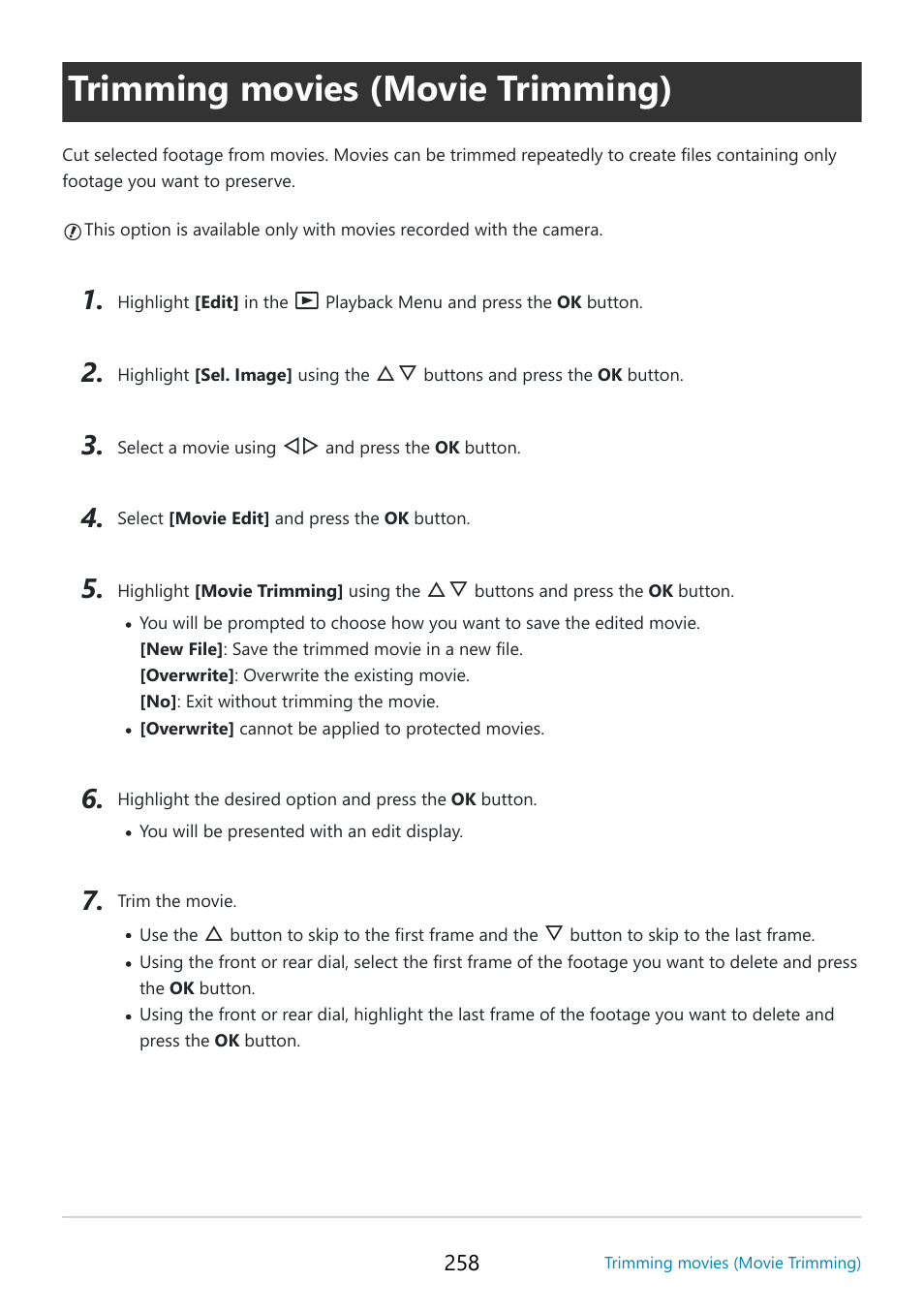 Trimming movies (movie trimming) | OM SYSTEM OM-5 Mirrorless Camera with 12-45mm f/4 PRO Lens (Silver) User Manual | Page 258 / 467