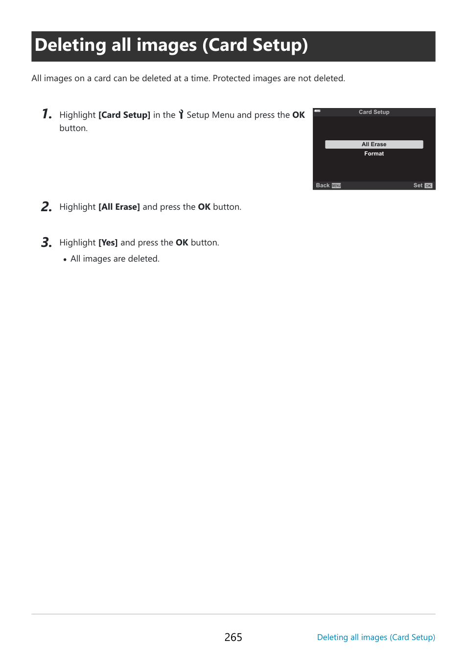 Deleting all images (card setup) | OM SYSTEM OM-5 Mirrorless Camera with 12-45mm f/4 PRO Lens (Silver) User Manual | Page 265 / 467