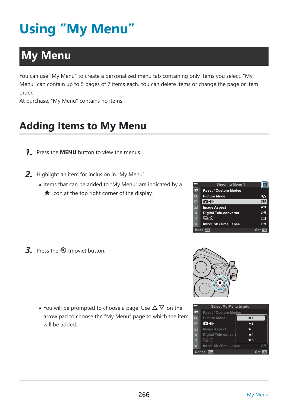 Using “my menu, My menu, Adding items to my menu | Icon at the top right corner of the display, Press the | OM SYSTEM OM-5 Mirrorless Camera with 12-45mm f/4 PRO Lens (Silver) User Manual | Page 266 / 467