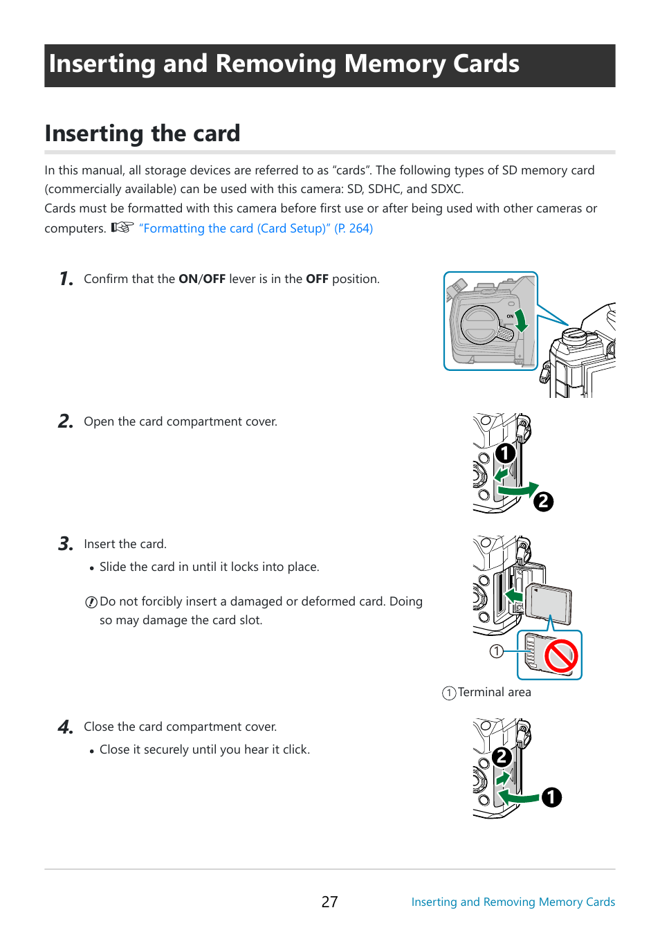 Inserting and removing memory cards, Inserting the card, P. 27 | D slot | OM SYSTEM OM-5 Mirrorless Camera with 12-45mm f/4 PRO Lens (Silver) User Manual | Page 27 / 467