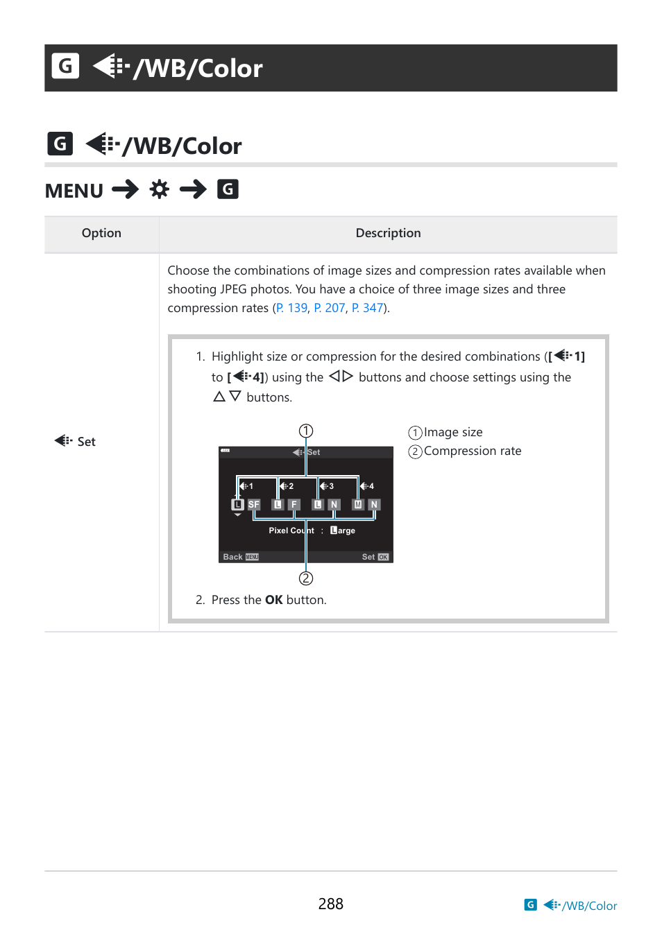 Wb/color, Custom menu, P. 288) | Set] (p. 288), O the, Color space] in, Pixel count] (p. 288), Wb/color (p. 288), Menu | OM SYSTEM OM-5 Mirrorless Camera with 12-45mm f/4 PRO Lens (Silver) User Manual | Page 288 / 467