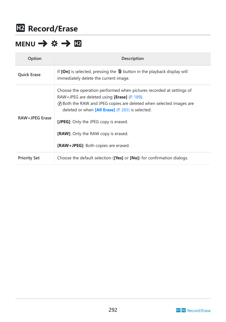 Record/erase, Custom menu, Quick erase] (p. 292) | Raw+jpeg, Erase] (p. 292), Menu | OM SYSTEM OM-5 Mirrorless Camera with 12-45mm f/4 PRO Lens (Silver) User Manual | Page 292 / 467