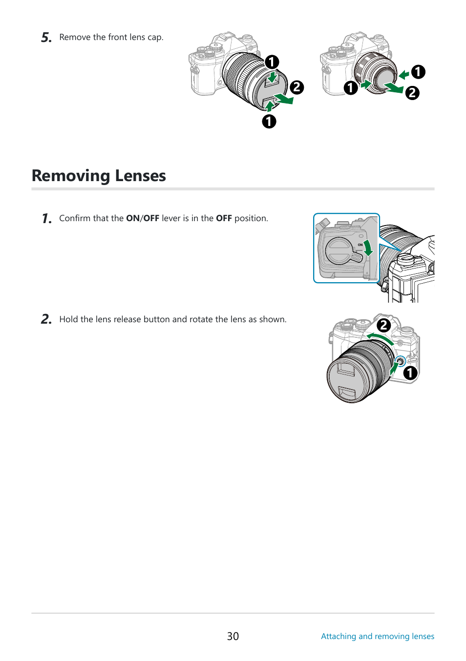 Removing lenses, P. 30 | OM SYSTEM OM-5 Mirrorless Camera with 12-45mm f/4 PRO Lens (Silver) User Manual | Page 30 / 467