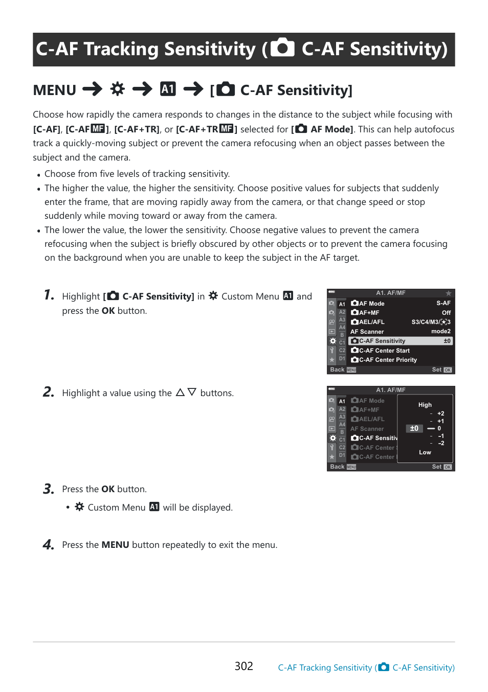 C‑af tracking sensitivity, C‑af sensitivity), Subject and the camera | P. 302, Menu, C-af sensitivity | OM SYSTEM OM-5 Mirrorless Camera with 12-45mm f/4 PRO Lens (Silver) User Manual | Page 302 / 467