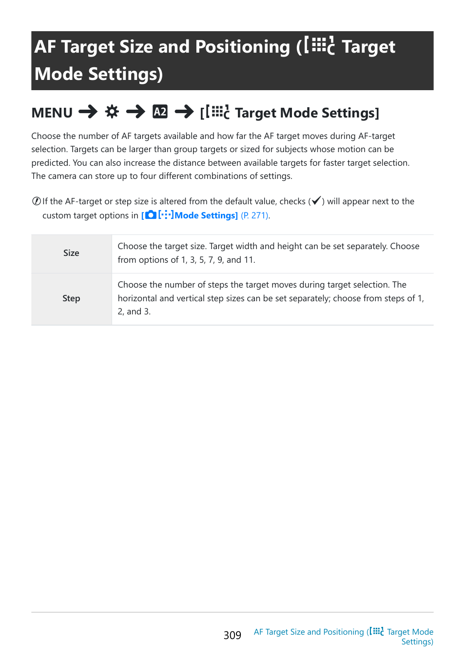 Af target size and positioning, Target mode settings), P. 309 | OM SYSTEM OM-5 Mirrorless Camera with 12-45mm f/4 PRO Lens (Silver) User Manual | Page 309 / 467